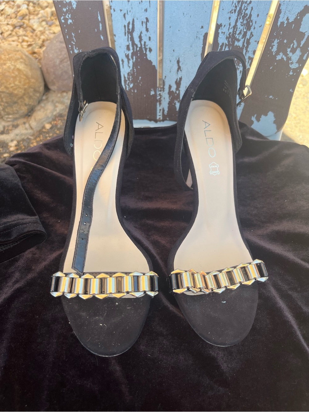ALDO Black Suede Open-Toe Ankle-Strap Heels with Gold Chain Detail